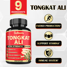 Load image into Gallery viewer, Satoomi Natural Tongkat Ali Root Extract 200:1 - 9 Essential Herbs Equivalent to 3450mg - Support Strength, Energy and Healthy Immune - 1 Pack 90 Vegan Caps 3 Month Supply
