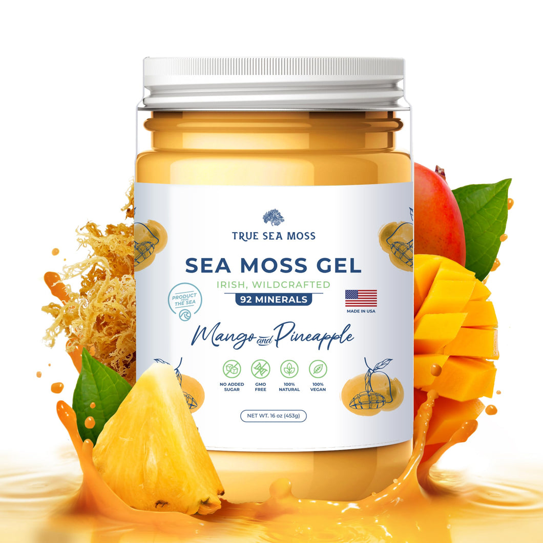 TrueSeaMoss Wildcrafted Irish Sea Moss Gel –7 Flavors- Nutritious Raw Seamoss Rich in Minerals, Proteins & Vitamins – Antioxidant Health Supplement, Vegan Made in USA (Mango/Pineapple, 1)